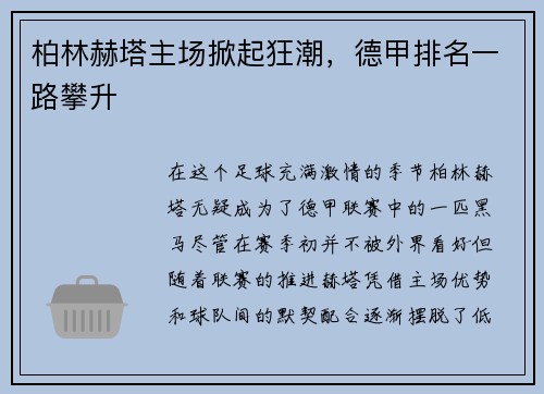 柏林赫塔主场掀起狂潮，德甲排名一路攀升