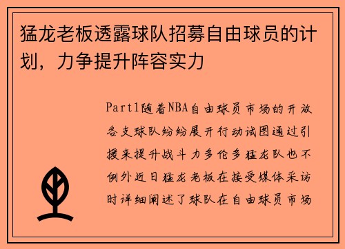 猛龙老板透露球队招募自由球员的计划，力争提升阵容实力