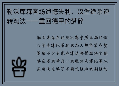 勒沃库森客场遗憾失利，汉堡绝杀逆转淘汰——重回德甲的梦碎
