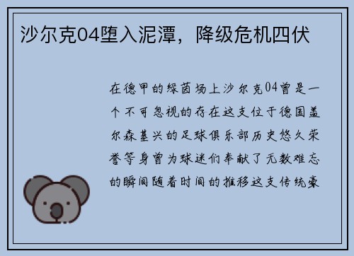 沙尔克04堕入泥潭，降级危机四伏