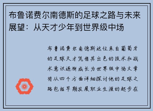 布鲁诺费尔南德斯的足球之路与未来展望：从天才少年到世界级中场