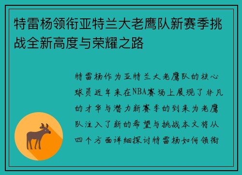 特雷杨领衔亚特兰大老鹰队新赛季挑战全新高度与荣耀之路