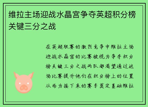 维拉主场迎战水晶宫争夺英超积分榜关键三分之战