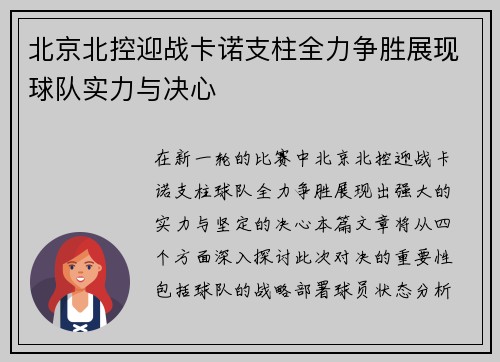 北京北控迎战卡诺支柱全力争胜展现球队实力与决心
