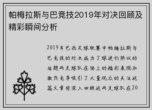 帕梅拉斯与巴竞技2019年对决回顾及精彩瞬间分析