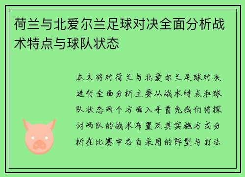 荷兰与北爱尔兰足球对决全面分析战术特点与球队状态