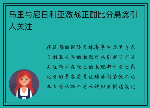 马里与尼日利亚激战正酣比分悬念引人关注