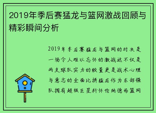 2019年季后赛猛龙与篮网激战回顾与精彩瞬间分析