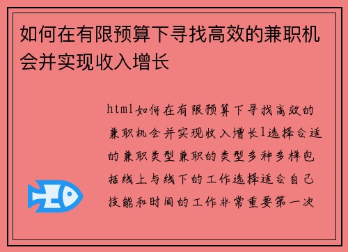 如何在有限预算下寻找高效的兼职机会并实现收入增长