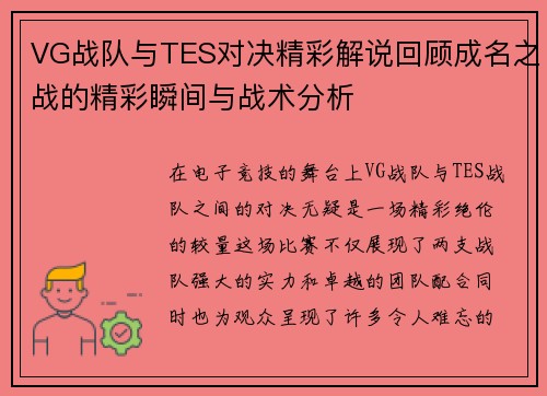 VG战队与TES对决精彩解说回顾成名之战的精彩瞬间与战术分析