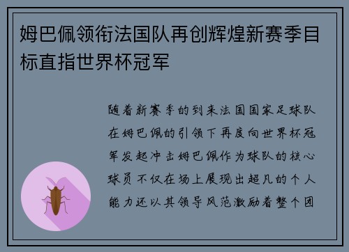 姆巴佩领衔法国队再创辉煌新赛季目标直指世界杯冠军