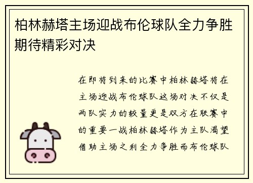 柏林赫塔主场迎战布伦球队全力争胜期待精彩对决