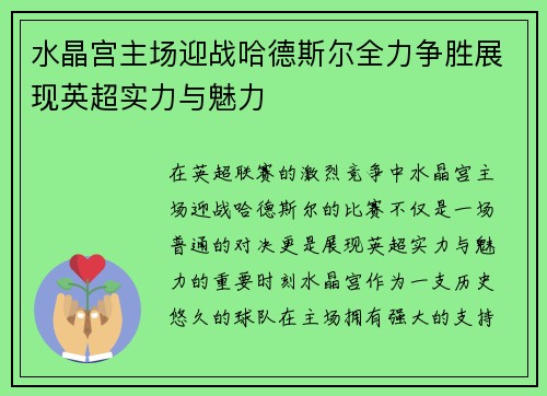 水晶宫主场迎战哈德斯尔全力争胜展现英超实力与魅力