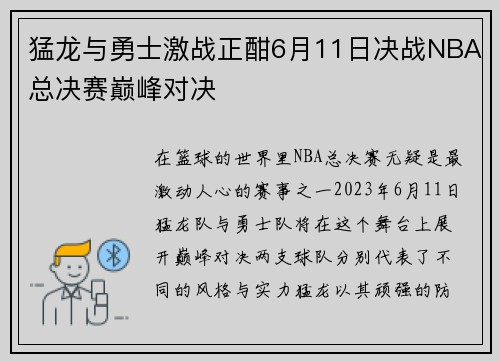 猛龙与勇士激战正酣6月11日决战NBA总决赛巅峰对决