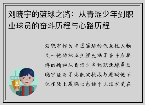 刘晓宇的篮球之路：从青涩少年到职业球员的奋斗历程与心路历程