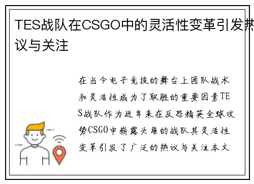 TES战队在CSGO中的灵活性变革引发热议与关注