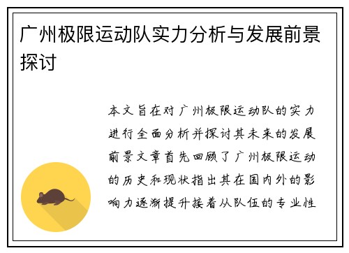 广州极限运动队实力分析与发展前景探讨