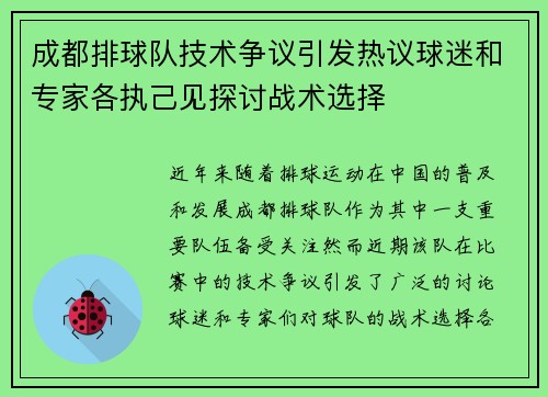 成都排球队技术争议引发热议球迷和专家各执己见探讨战术选择