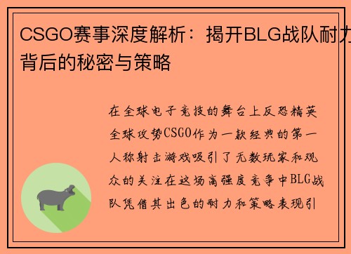 CSGO赛事深度解析：揭开BLG战队耐力背后的秘密与策略