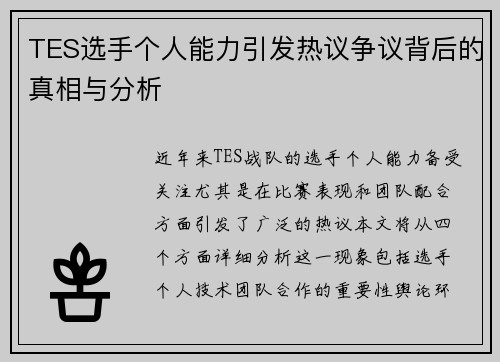TES选手个人能力引发热议争议背后的真相与分析