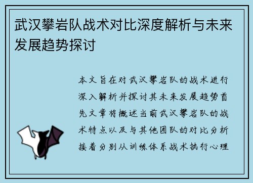 武汉攀岩队战术对比深度解析与未来发展趋势探讨