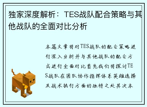 独家深度解析：TES战队配合策略与其他战队的全面对比分析